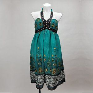 Magic Teal Floral Cotton Halter‎ Dress Studded Boho Smocked Back Medium